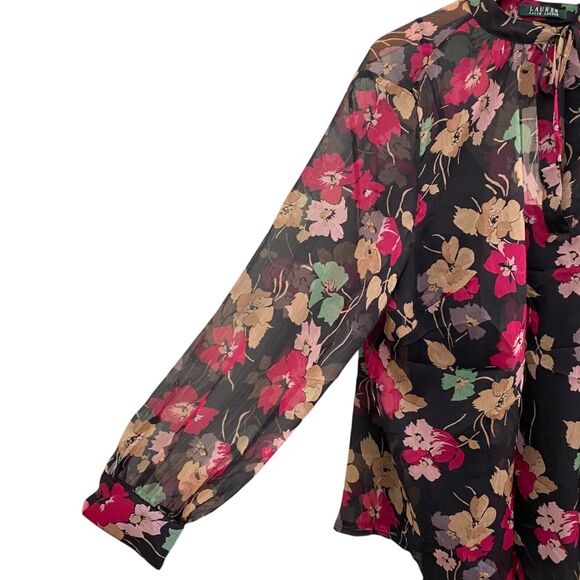 Lauren Ralph Lauren Floral Blouse Top Sheer Black Career Whimsygoth Womens 1X - Picture 3 of 15